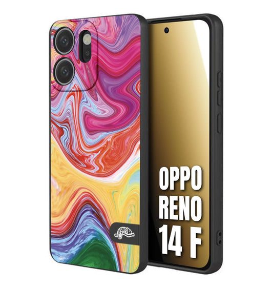 CUSTOMIZZA - Custodia cover nera morbida in tpu compatibile per Oppo Reno 14 F colorata fantasia vortice marmo onde verde fucsia gialla