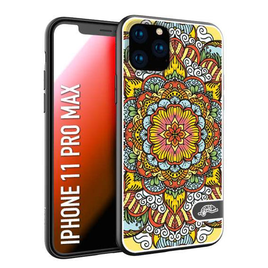 CUSTOMIZZA - Custodia cover nera morbida in tpu compatibile per iPhone 11 PRO MAX mandala colorato fiore nuvole arancione