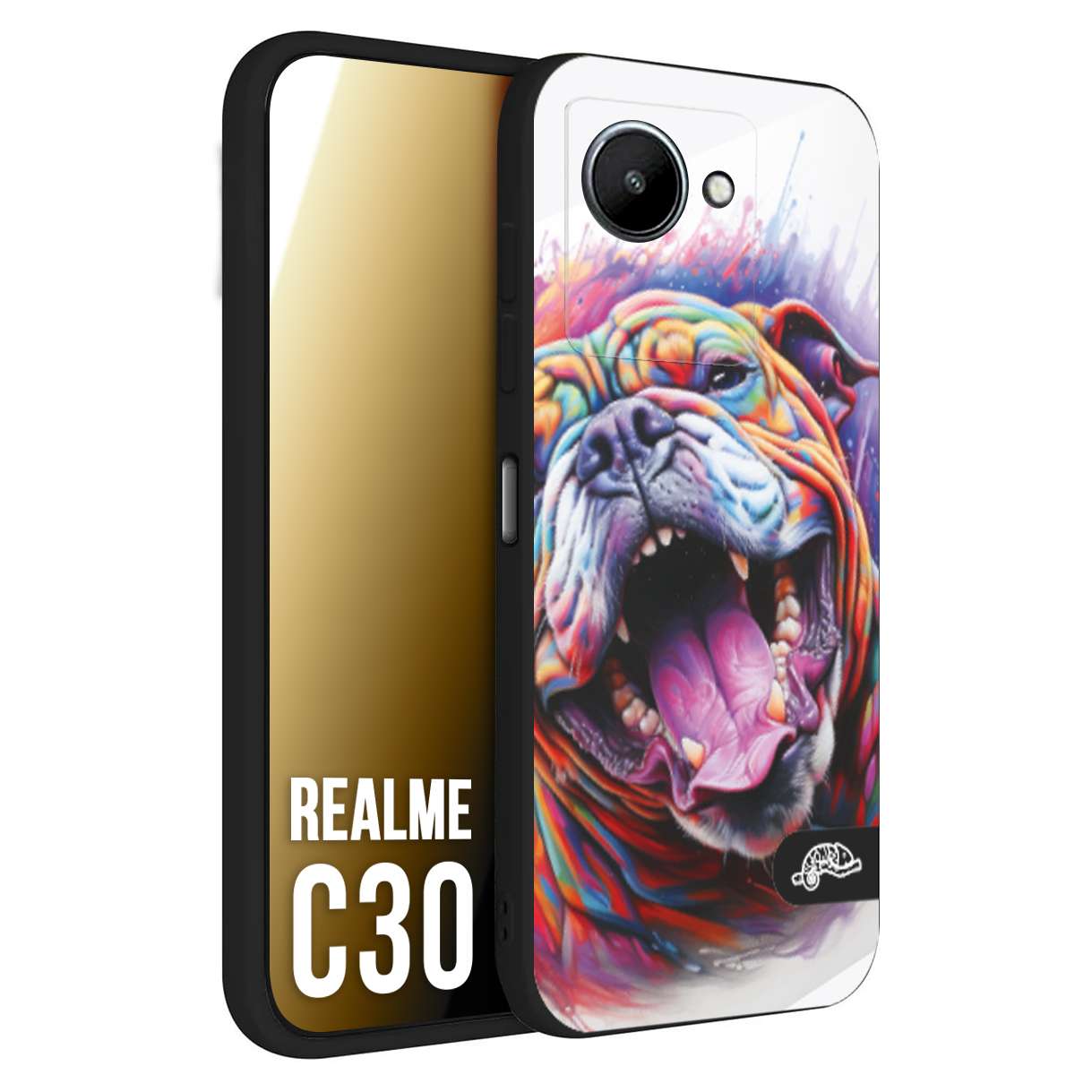 CUSTOMIZZA - Custodia cover nera morbida in tpu compatibile per Oppo Realme C30 animali color bulldog cane dog colori vibranti disegnato schizzo