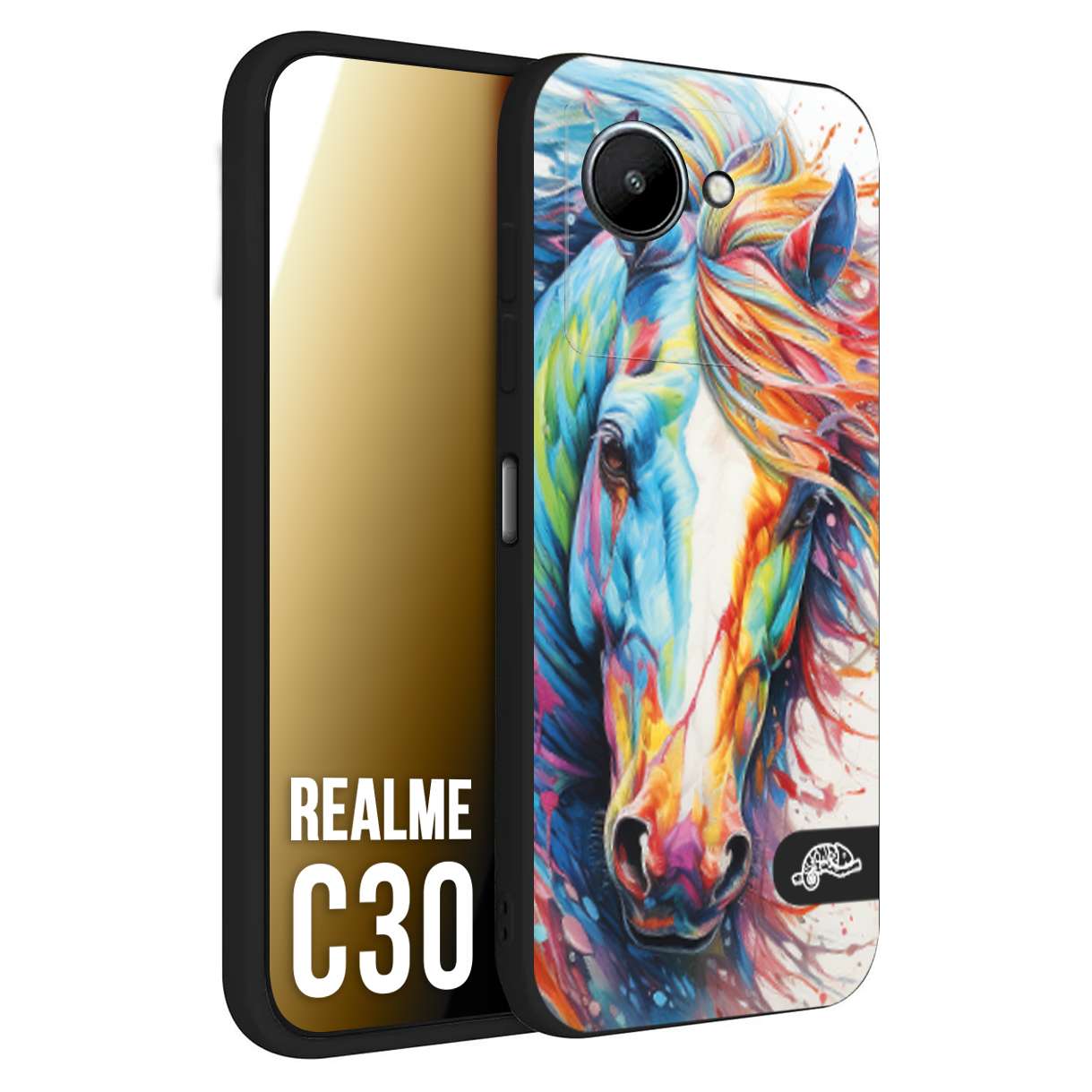 CUSTOMIZZA - Custodia cover nera morbida in tpu compatibile per Oppo Realme C30 animali color cavallo horse viso colori vibranti disegnato schizzo