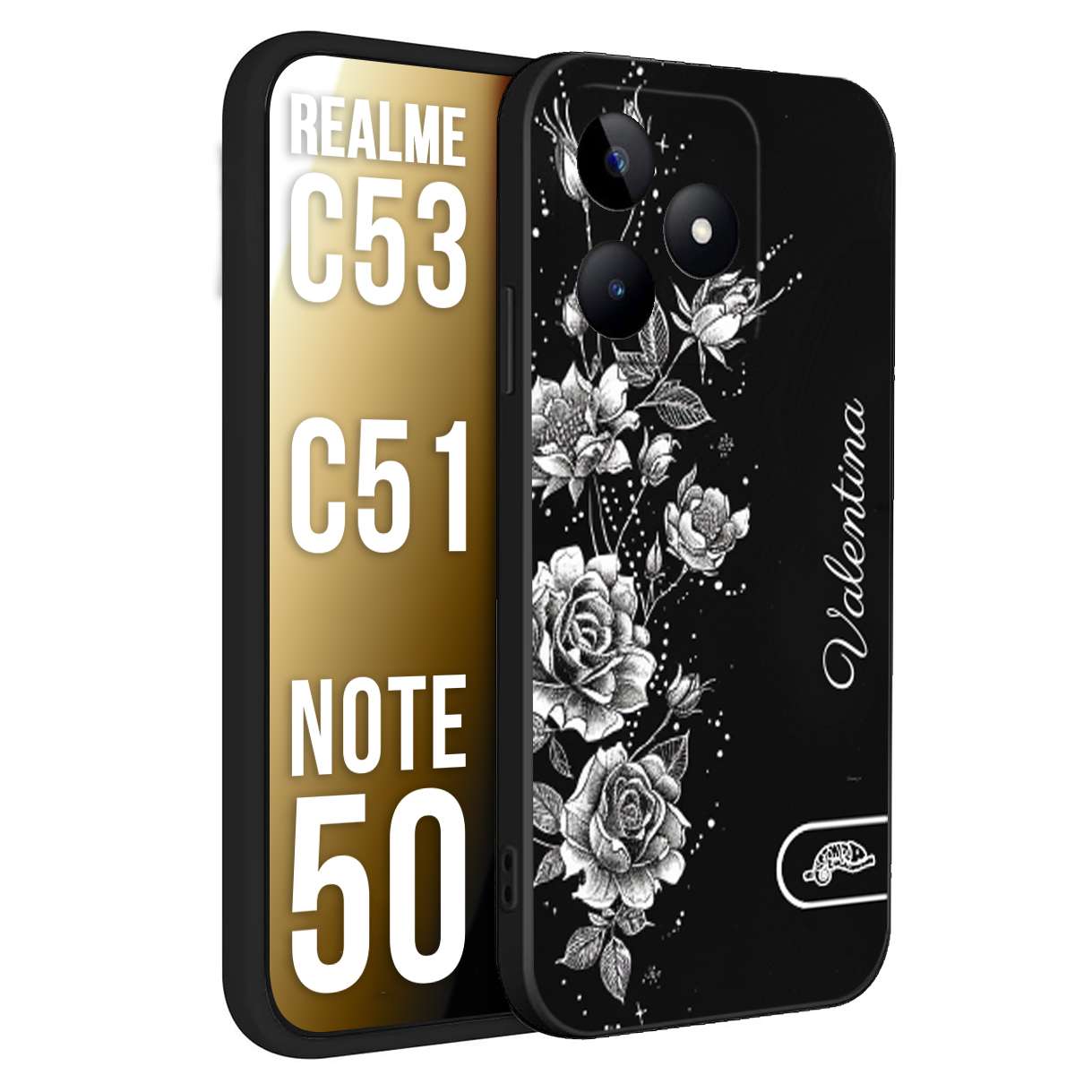 CUSTOMIZZA - Custodia cover nera morbida in tpu compatibile per Oppo Realme C53 - C51 - NOTE 50 a rilievo soft touch personalizzata nome rose fiori donna