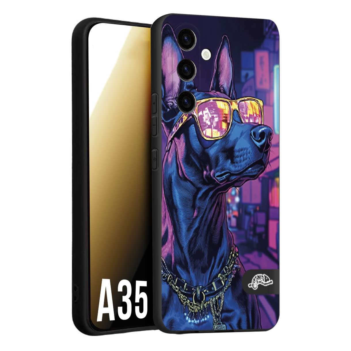 CUSTOMIZZA - Custodia cover nera morbida in tpu compatibile per Samsung A35 5G animali cyberpunk dobermann cane street dog fucsia blu night
