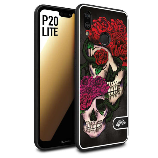 CUSTOMIZZA - Custodia cover nera morbida in tpu compatibile per Huawei P20 LITE teschi e rose rosse fucsia skull and roses