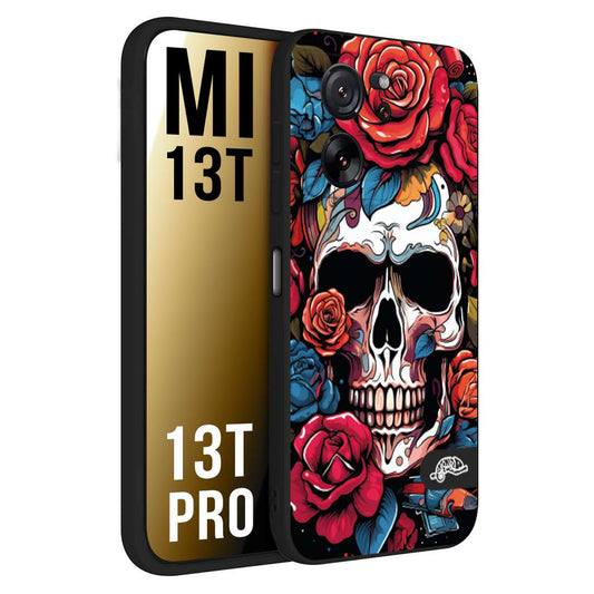 CUSTOMIZZA - Custodia cover nera morbida in tpu compatibile per Xiaomi 13T - 13T PRO teschio skull flowers fiori rose rosse tattoo disegnato