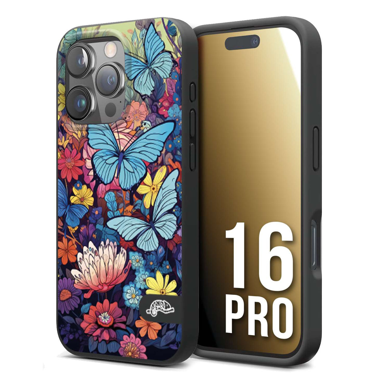 CUSTOMIZZA - Custodia cover nera morbida in tpu compatibile per iPhone 16 PRO farfalle butterfly moderno donna disegnate gialla blu rosa