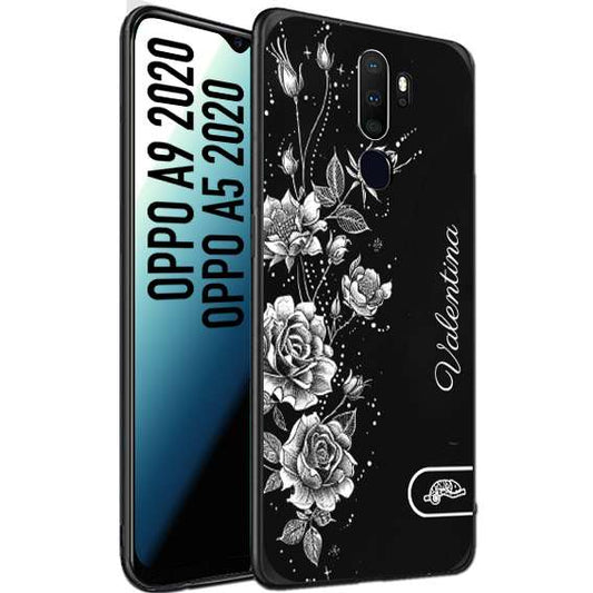 CUSTOMIZZA - Custodia cover nera morbida in tpu compatibile per Oppo A9 2020 - A5 2020 personalizzata rilievo soft touch nome rose fiori donna