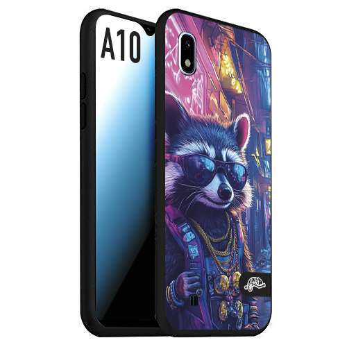 CUSTOMIZZA - Custodia cover nera morbida in tpu compatibile per Samsung A10 animali simpatici cyberpunk procione racoon street cat fucsia blu giallo