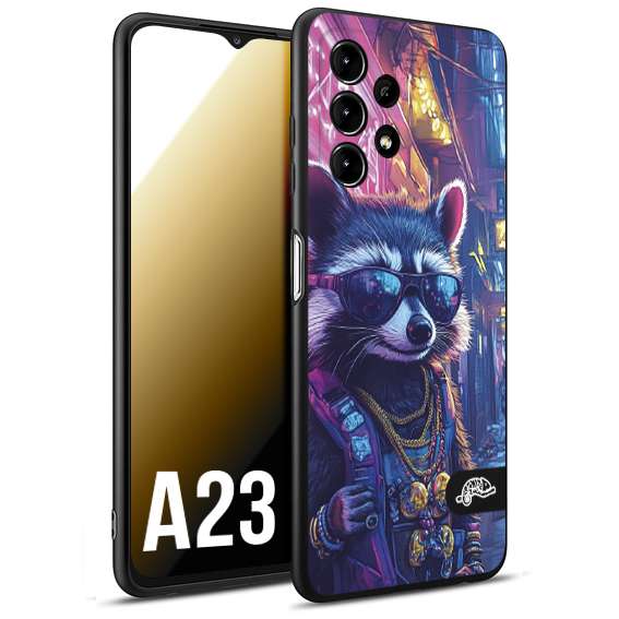 CUSTOMIZZA - Custodia cover nera morbida in tpu compatibile per Samsung A23 animali simpatici cyberpunk procione racoon street cat fucsia blu giallo