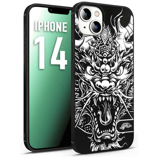 CUSTOMIZZA - Custodia cover nera morbida in tpu compatibile per iPhone 14 drago black and white bianco a rilievo disegnato tattoo tatuaggio