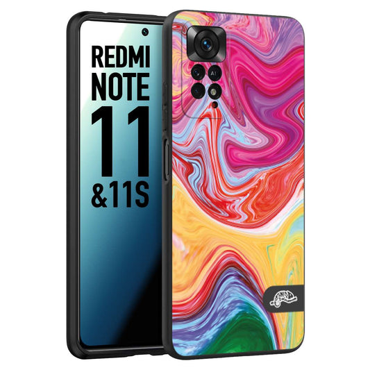 CUSTOMIZZA - Custodia cover nera morbida in tpu compatibile per Xiaomi Redmi Note 11 -  Note 11S colorata fantasia vortice marmo onde verde fucsia gialla