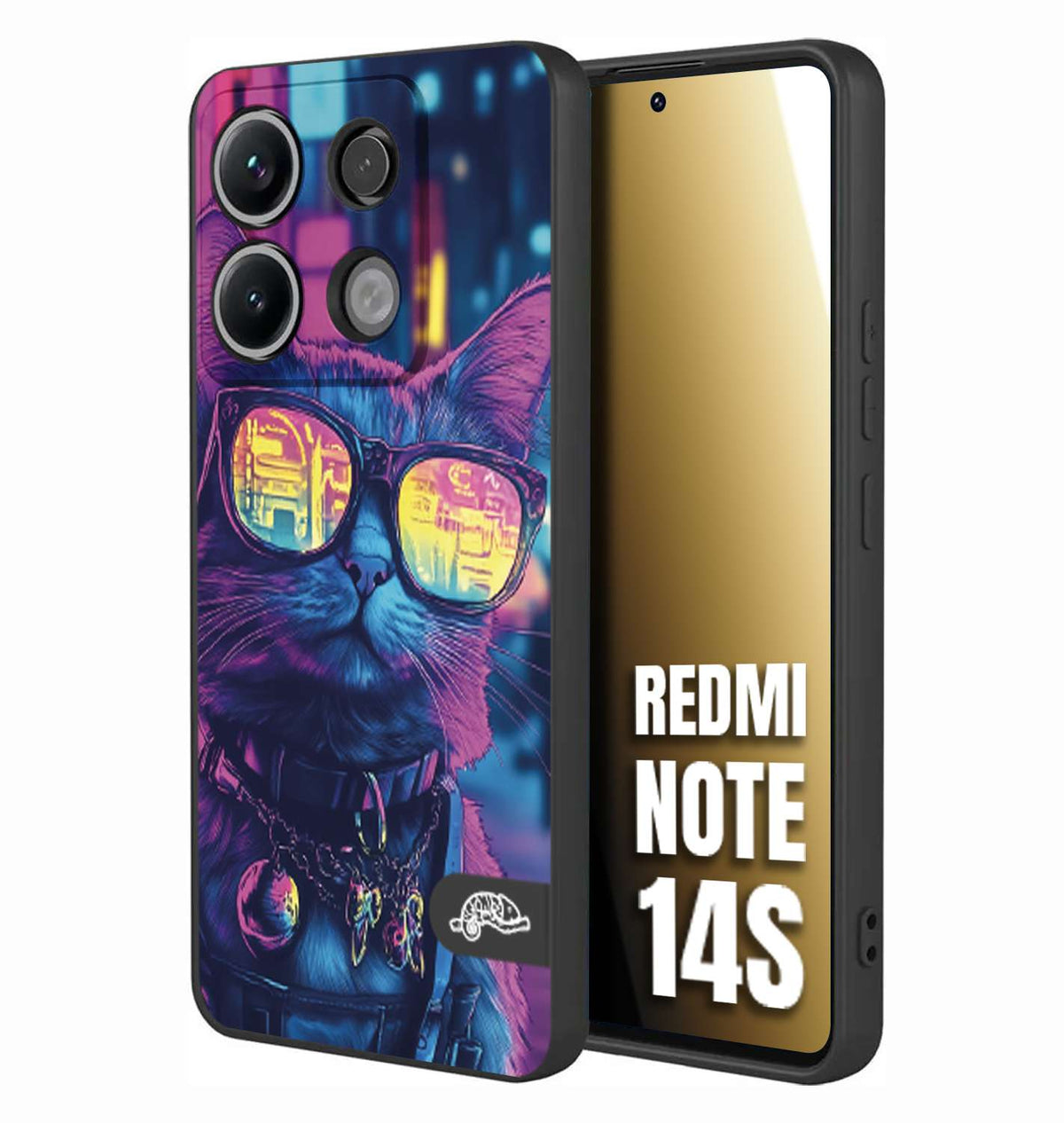 CUSTOMIZZA - Custodia cover nera morbida in tpu compatibile per Xiaomi Redmi Note 14S animali cyberpunk gatto street cat fucsia blu giallo
