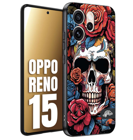 CUSTOMIZZA - Custodia cover nera morbida in tpu compatibile per Oppo Reno 15 teschio skull flowers fiori rose rosse tattoo disegnato