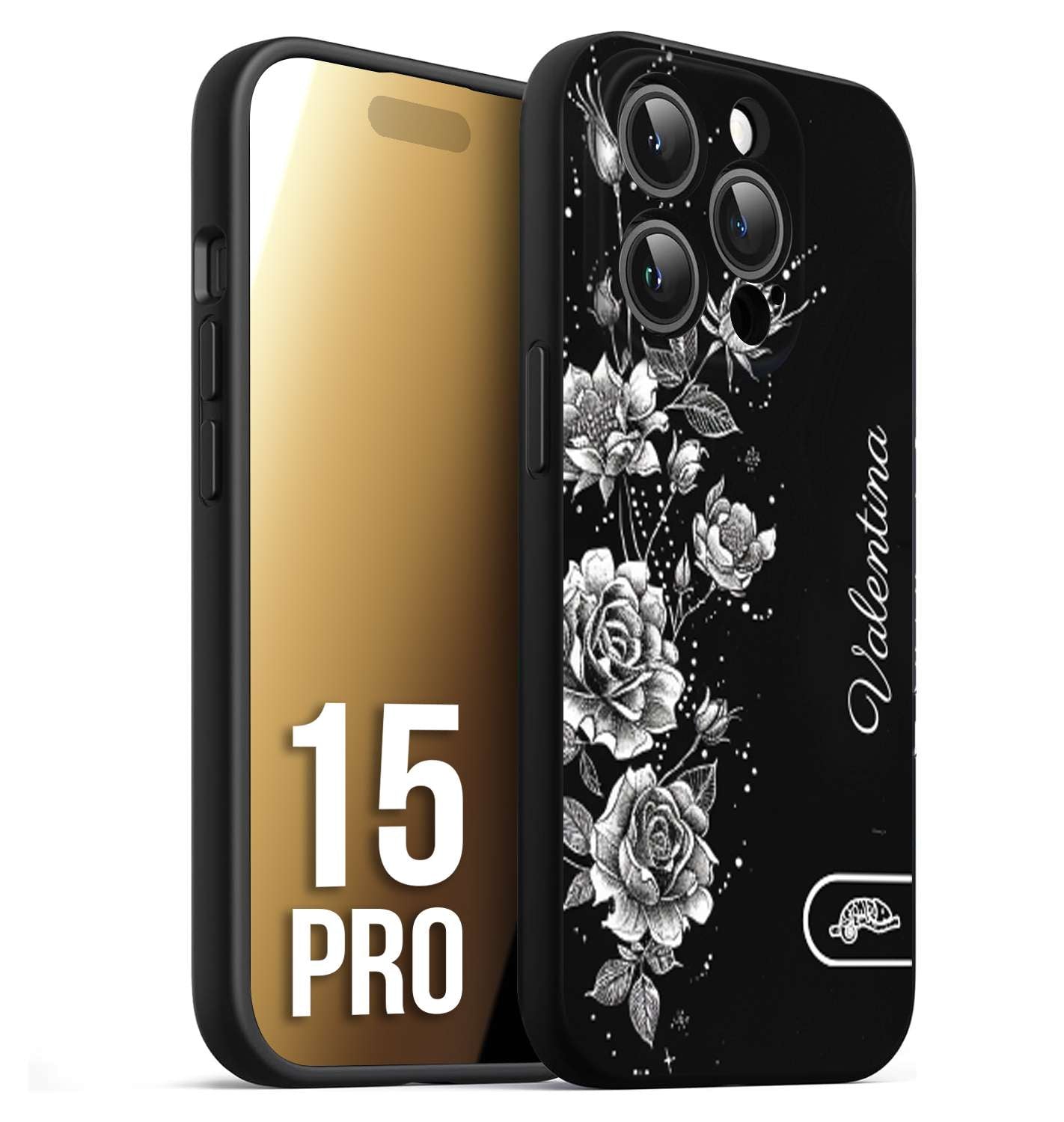 CUSTOMIZZA - Custodia cover nera morbida in tpu compatibile per iPhone 15 PRO a rilievo soft touch personalizzata nome rose fiori donna