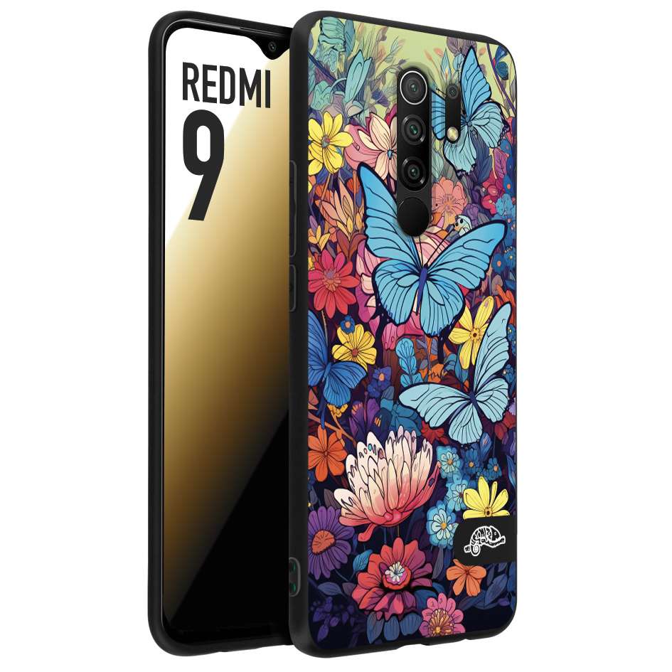 CUSTOMIZZA - Custodia cover nera morbida in tpu compatibile per Xiaomi Redmi 9 farfalle butterfly moderno donna disegnate gialla blu rosa