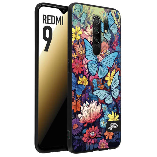 CUSTOMIZZA - Custodia cover nera morbida in tpu compatibile per Xiaomi Redmi 9 farfalle butterfly moderno donna disegnate gialla blu rosa