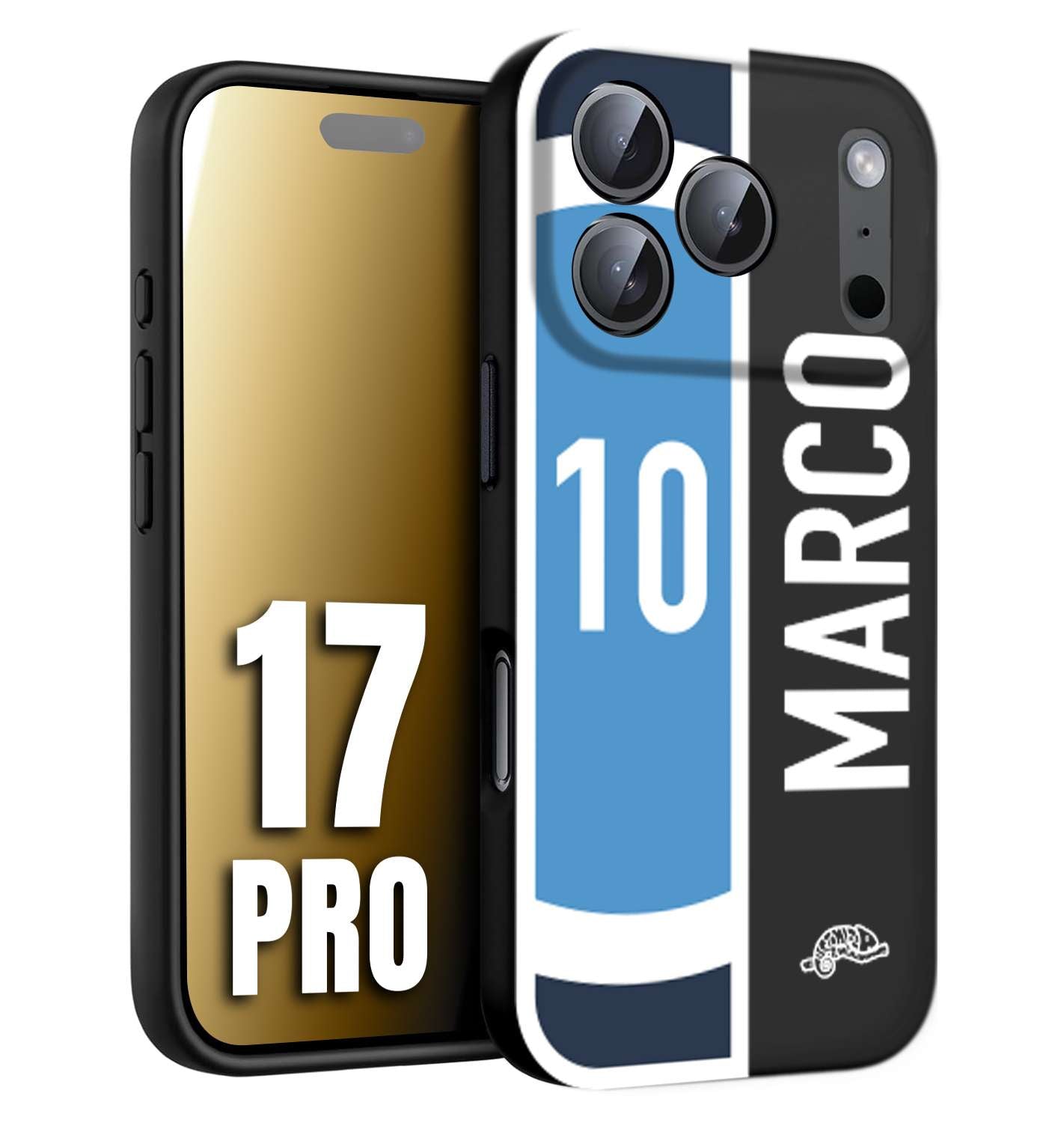 CUSTOMIZZA - Custodia cover nera morbida in tpu compatibile per iPhone 17 PRO personalizzata calcio football nome e numero calciatori biancoazzurri bianco celesti