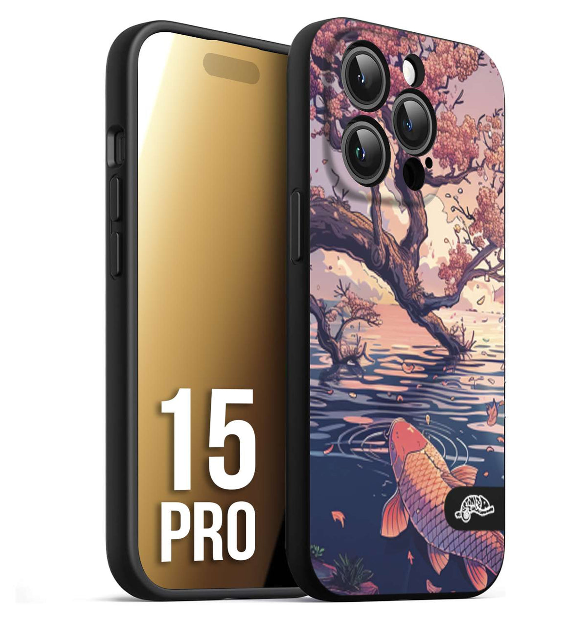 CUSTOMIZZA - Custodia cover nera morbida in tpu compatibile per iPhone 15 PRO giapponese lago carpa koi rosa con foglie d'acero disegnata tattoo