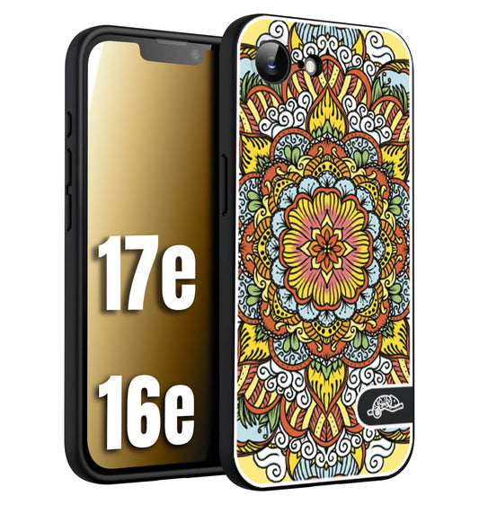 CUSTOMIZZA - Custodia cover nera morbida in tpu compatibile per iPhone 16E - 17E mandala colorato fiore nuvole arancione