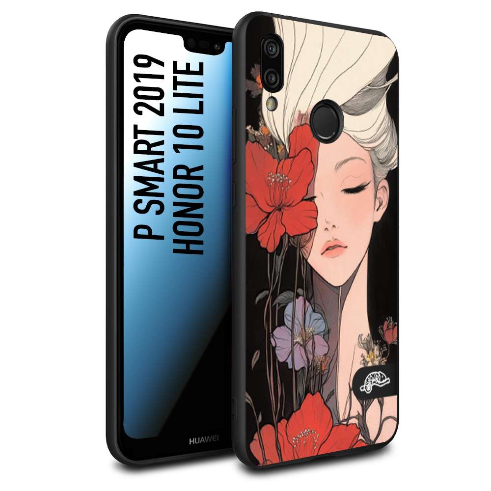 CUSTOMIZZA - Custodia cover nera morbida in tpu compatibile per Huawei P SMART 2019 woman flower Fantasia Floreale Design Donna e Fiori, Retro Artistico