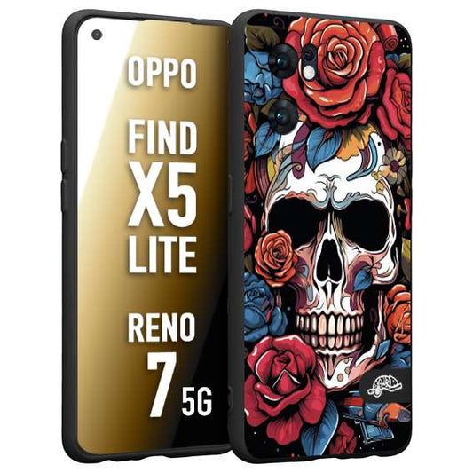 CUSTOMIZZA - Custodia cover nera morbida in tpu compatibile per Oppo Reno 7 - Find X5 LITE teschio skull flowers fiori rose rosse tattoo disegnato