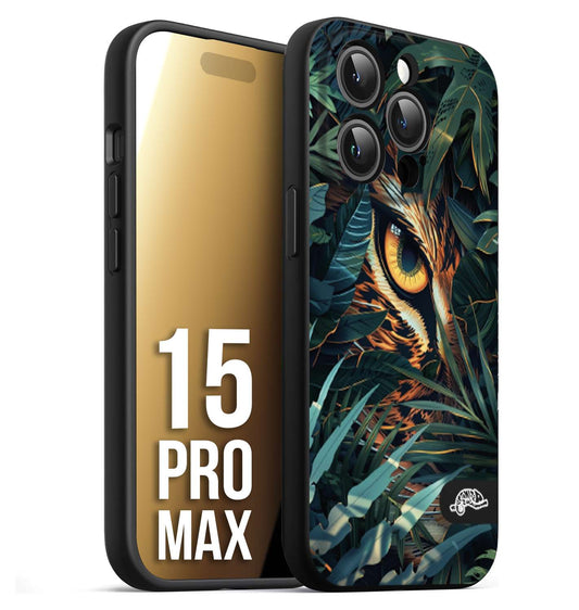 CUSTOMIZZA - Custodia cover nera morbida in tpu compatibile per iPhone 15 PRO MAX animali color giungla tropicale occhio di giaguaro felino disegnato