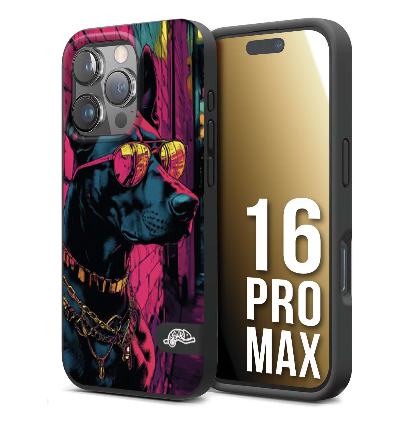CUSTOMIZZA - Custodia cover nera morbida in tpu compatibile per iPhone 16 PRO MAX animali cyberpunk dobermann cane street dog fucsia blu