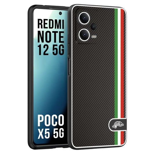 CUSTOMIZZA - Custodia cover nera morbida in tpu compatibile per Xiaomi Redmi Note 12 5G - POCO X5 5G effetto fibra di carbonio bandiera Italia made in Italy