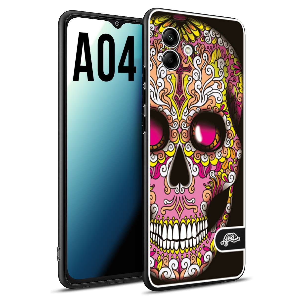 CUSTOMIZZA - Custodia cover nera morbida in tpu compatibile per Samsung A04 teschio messicano Mexican skull rosa gialla