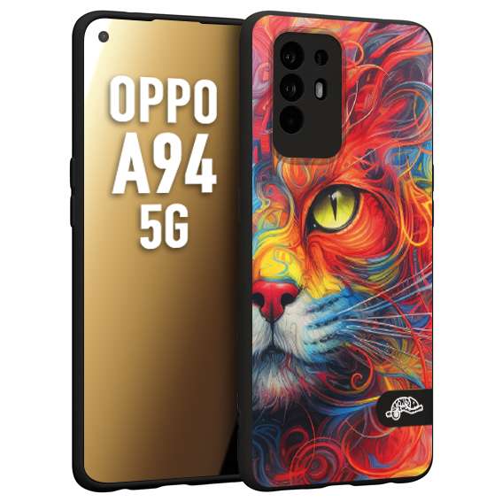 CUSTOMIZZA - Custodia cover nera morbida in tpu compatibile per Oppo A94 5G animali color cat gatto viso colori vibranti disegnato schizzo