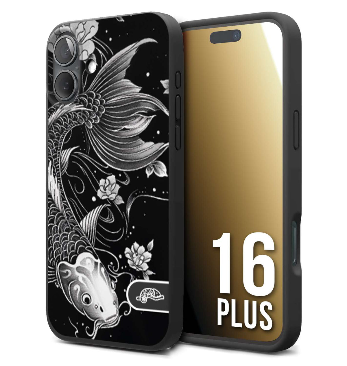 CUSTOMIZZA - Custodia cover nera morbida in tpu compatibile per iPhone 16 PLUS carpa koi black and white bianco a rilievo disegnato tattoo tatuaggio