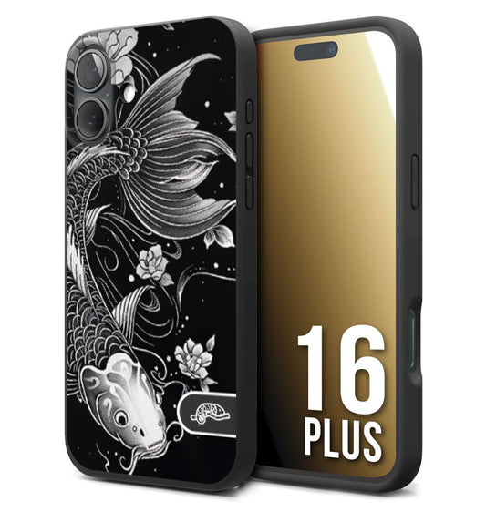 CUSTOMIZZA - Custodia cover nera morbida in tpu compatibile per iPhone 16 PLUS carpa koi black and white bianco a rilievo disegnato tattoo tatuaggio
