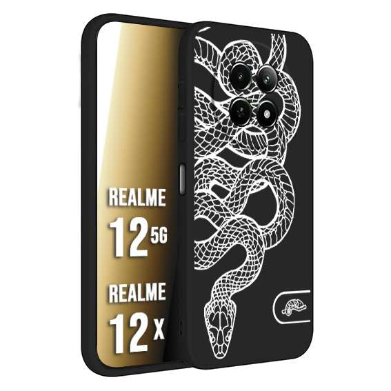 CUSTOMIZZA - Custodia cover nera morbida in tpu compatibile per Realme 12 5G - 12X serpente snake bianco a rilievo disegnato tattoo tatuaggio