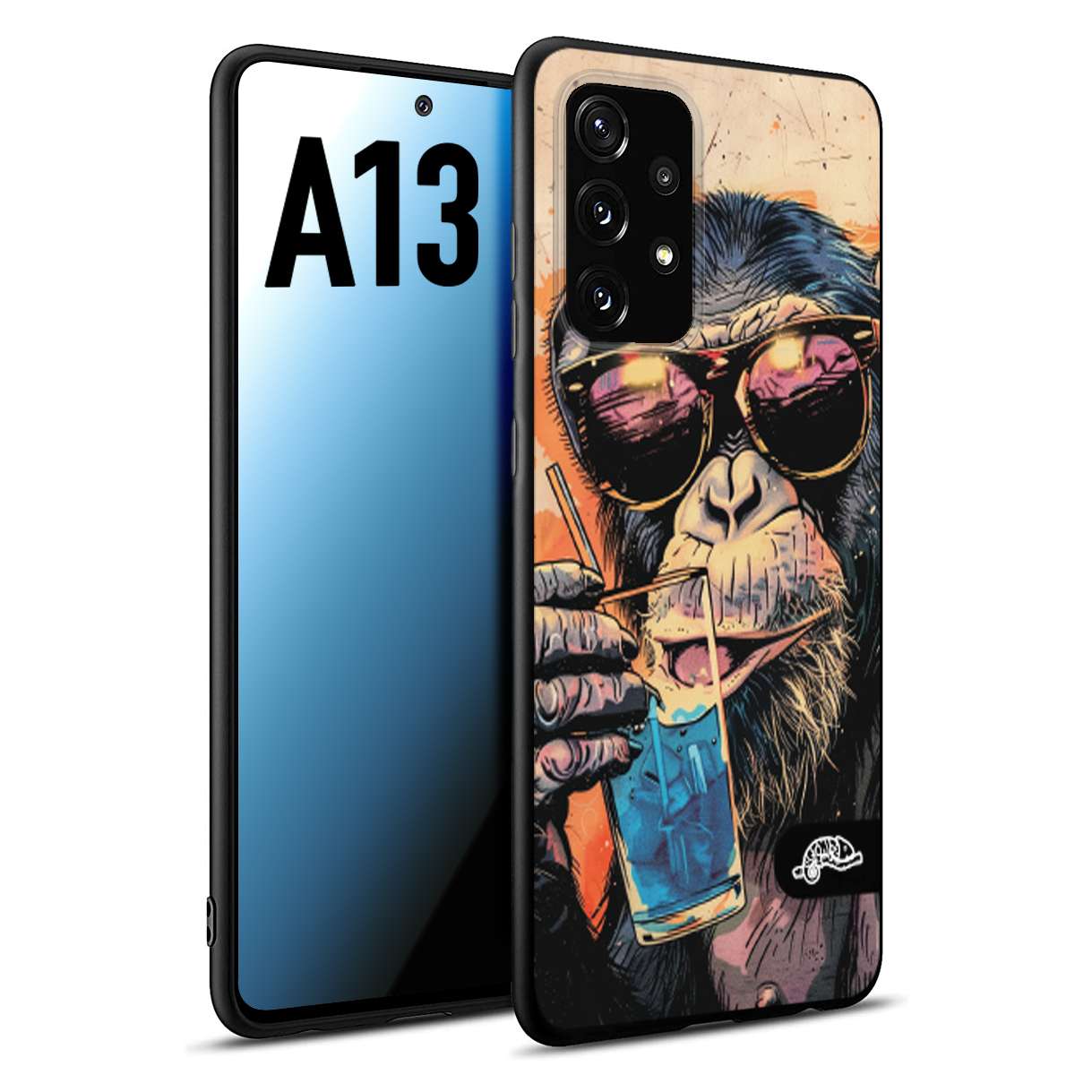 CUSTOMIZZA - Custodia cover nera morbida in tpu compatibile per Samsung A13 estate disegnata cocktails animali simpatici scimmia monkey negroni