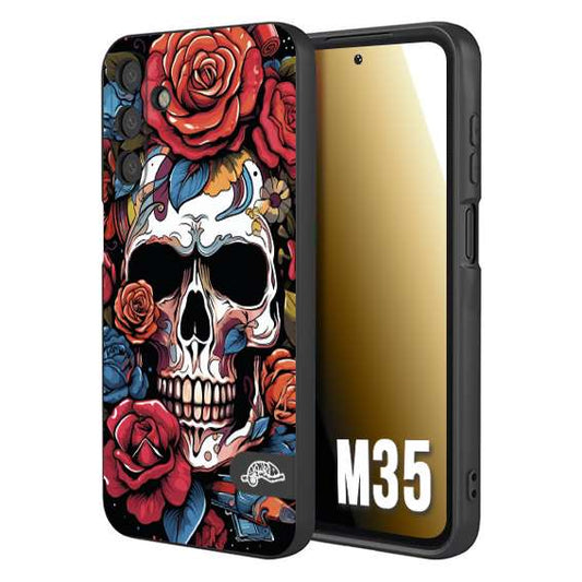 CUSTOMIZZA - Custodia cover nera morbida in tpu compatibile per Samsung M35 teschio skull flowers fiori rose rosse tattoo disegnato