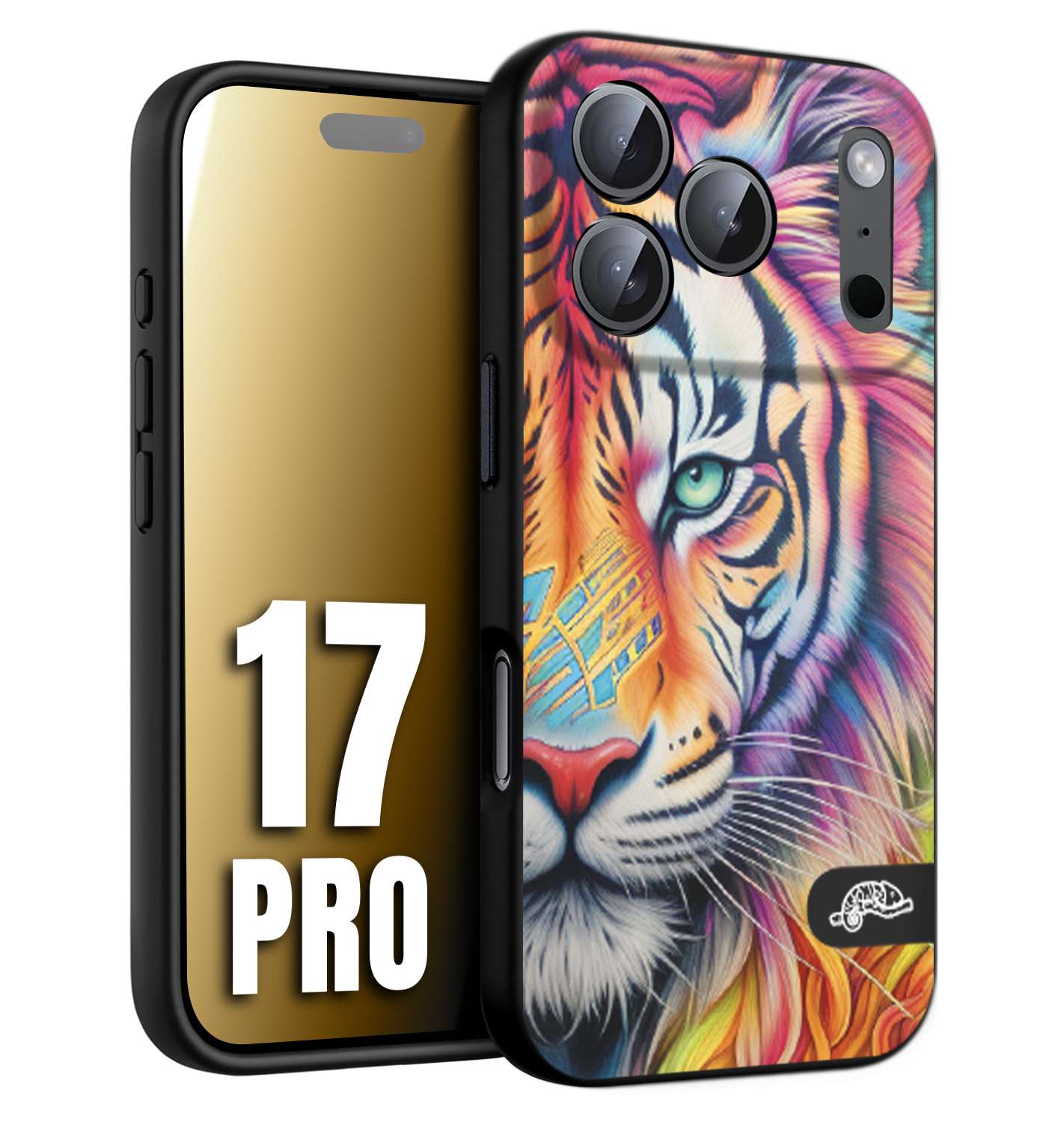 CUSTOMIZZA - Custodia cover nera morbida in tpu compatibile per iPhone 17 PRO animali color tigre tiger viso colori vibranti disegnato schizzo