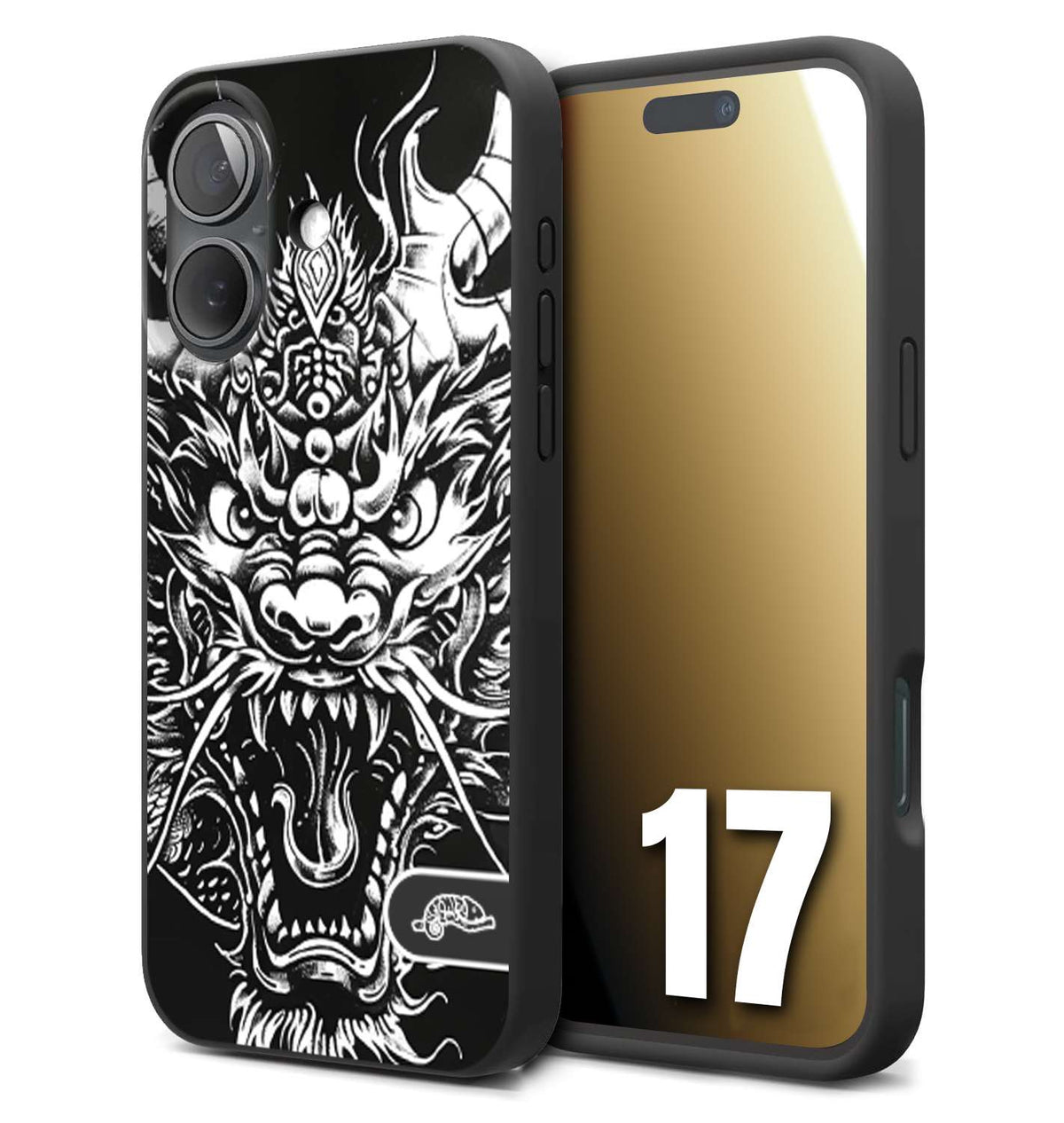 CUSTOMIZZA - Custodia cover nera morbida in tpu compatibile per iPhone 17 drago black and white bianco a rilievo disegnato tattoo tatuaggio