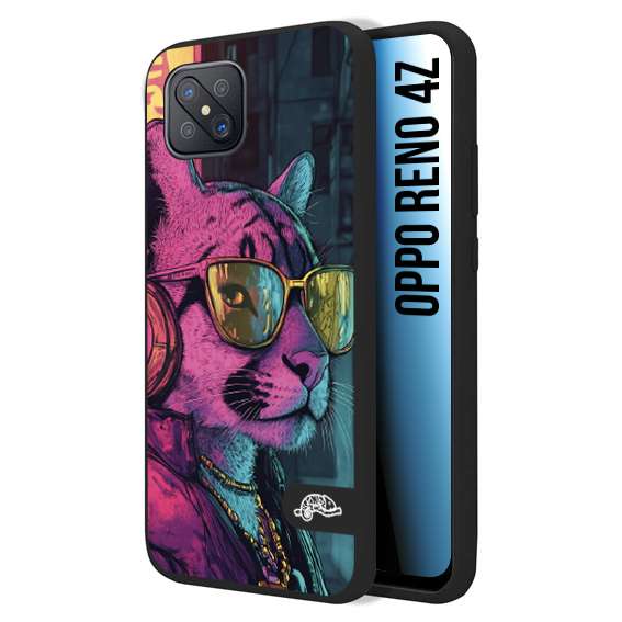 CUSTOMIZZA - Custodia cover nera morbida in tpu compatibile per Oppo Reno 4Z animali cyberpunk pantera street cat fucsia blu giallo