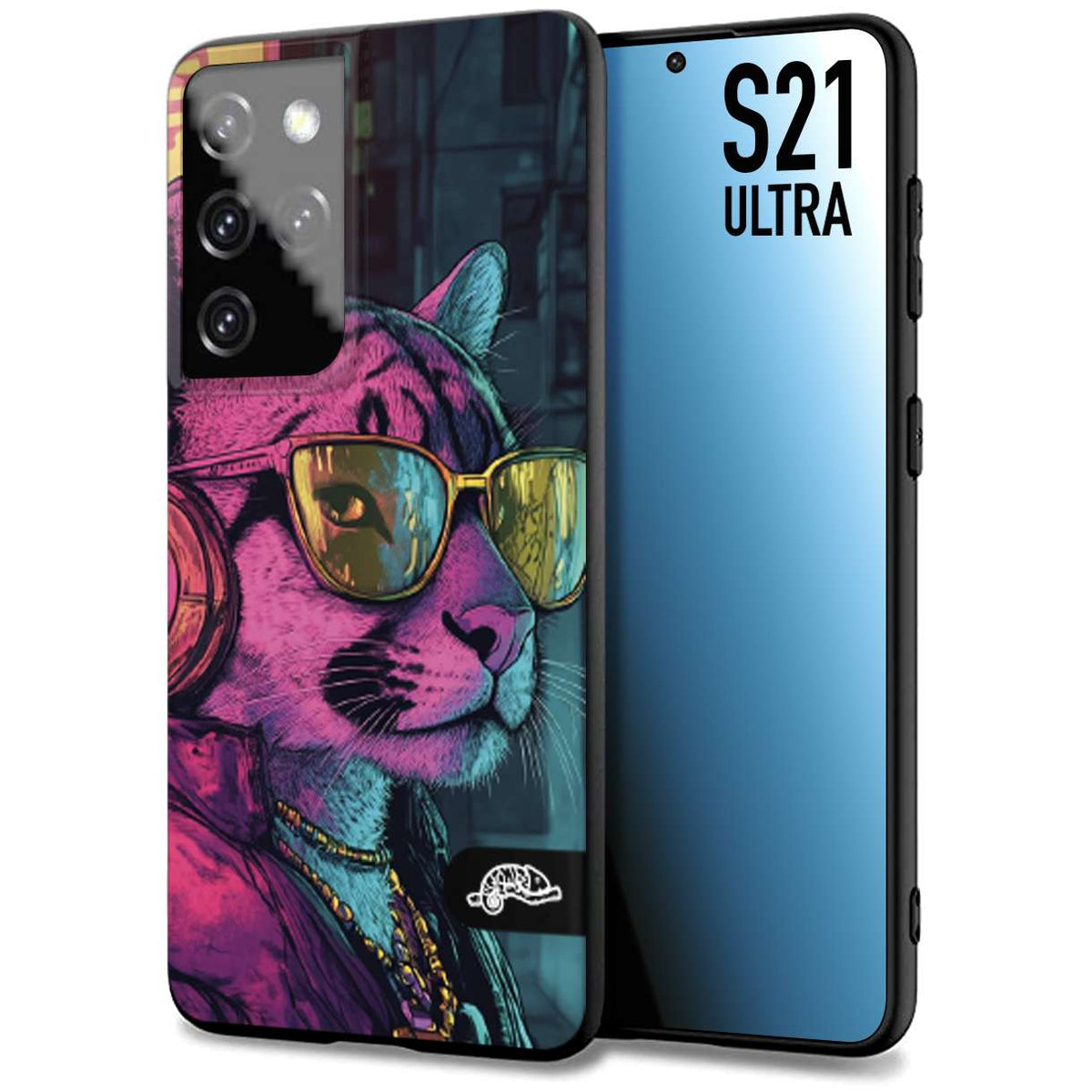 CUSTOMIZZA - Custodia cover nera morbida in tpu compatibile per Samsung S21 ULTRA animali cyberpunk pantera street cat fucsia blu giallo