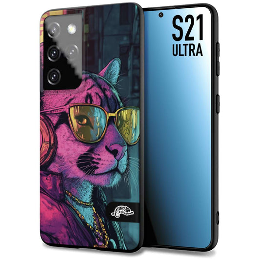 CUSTOMIZZA - Custodia cover nera morbida in tpu compatibile per Samsung S21 ULTRA animali cyberpunk pantera street cat fucsia blu giallo