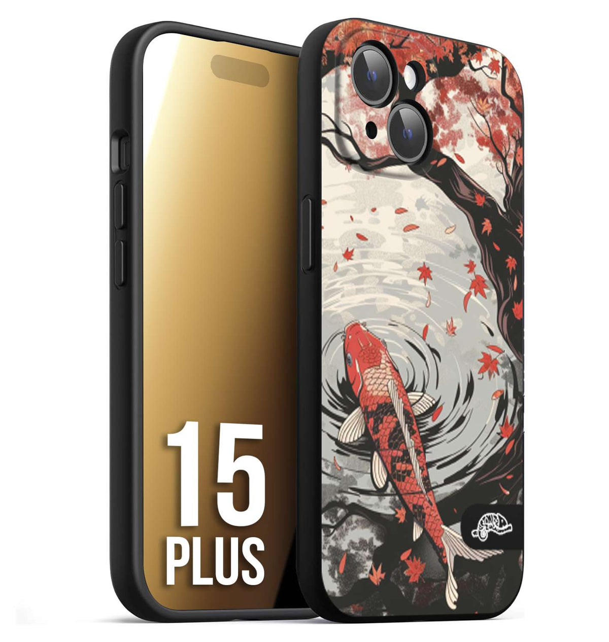 CUSTOMIZZA - Custodia cover nera morbida in tpu compatibile per iPhone 15 PLUS giapponese lago carpa koi rossa con foglie d'acero rosso disegnata tattoo