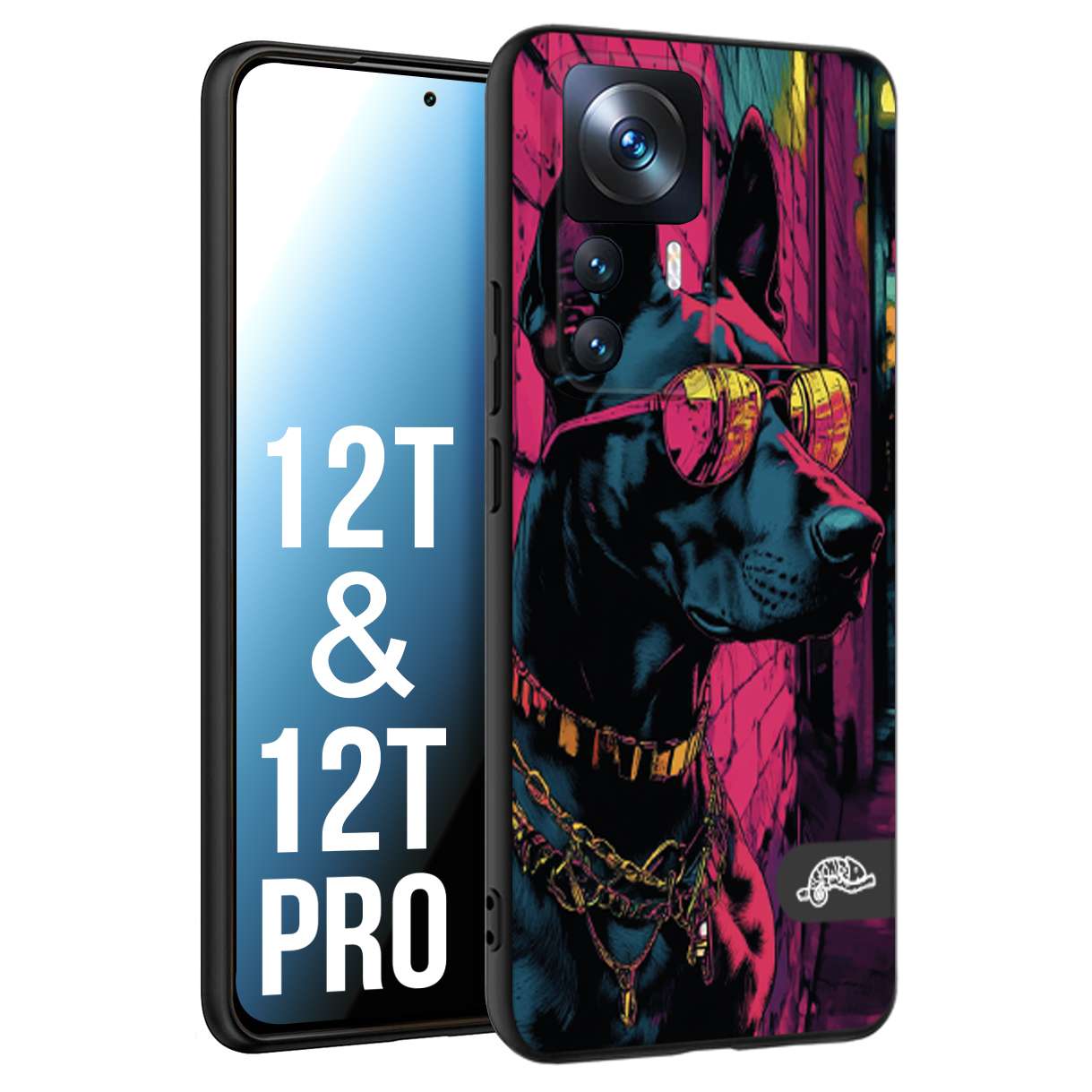 CUSTOMIZZA - Custodia cover nera morbida in tpu compatibile per Xiaomi 12T - 12T PRO animali cyberpunk dobermann cane street dog fucsia blu