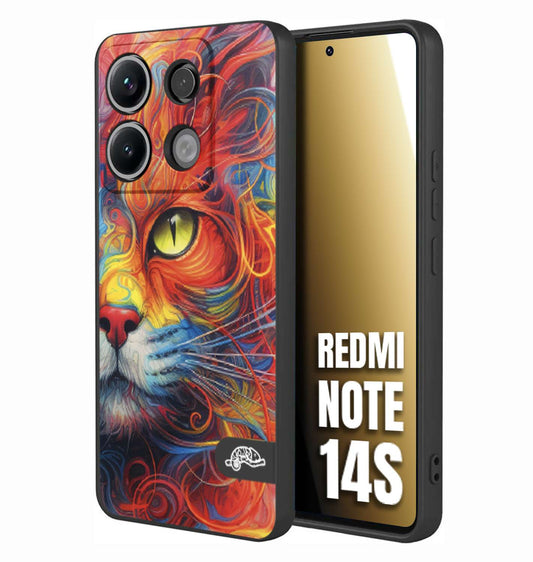CUSTOMIZZA - Custodia cover nera morbida in tpu compatibile per Xiaomi Redmi Note 14S animali color cat gatto viso colori vibranti disegnato schizzo