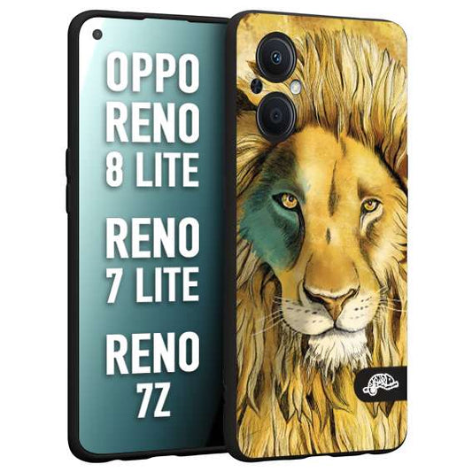 CUSTOMIZZA - Custodia cover nera morbida in tpu compatibile per Oppo Reno 7 Lite - 8 Lite - 7Z leone lion disegnato a mano giallo blu a rilievo artistico brown