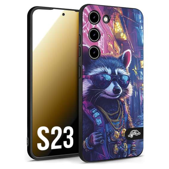 CUSTOMIZZA - Custodia cover nera morbida in tpu compatibile per Samsung S23 animali simpatici cyberpunk procione racoon street cat fucsia blu giallo