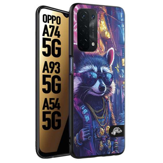 CUSTOMIZZA - Custodia cover nera morbida in tpu compatibile per Oppo A74 5G - A93 5G - A54 5G animali simpatici cyberpunk procione racoon street cat fucsia blu giallo