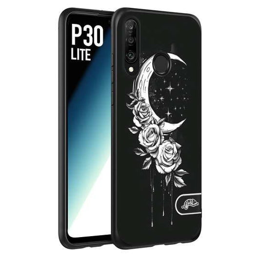 CUSTOMIZZA - Custodia cover nera morbida in tpu compatibile per Huawei P30 LITE luna e fiori moon flowers black and white bianco a rilievo disegnato