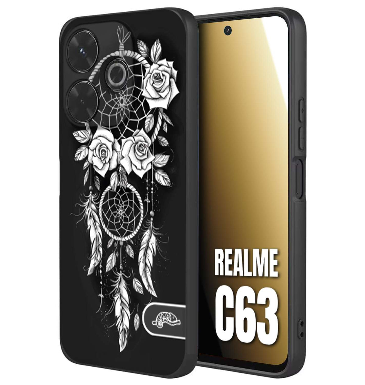 CUSTOMIZZA - Custodia cover nera morbida in tpu compatibile per Realme C63 acchiappasogni dreamcatcher black and white bianco a rilievo disegnato tattoo tatuaggio