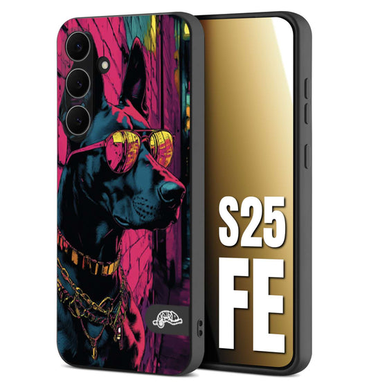 CUSTOMIZZA - Custodia cover nera morbida in tpu compatibile per Samsung S25 FE animali cyberpunk dobermann cane street dog fucsia blu