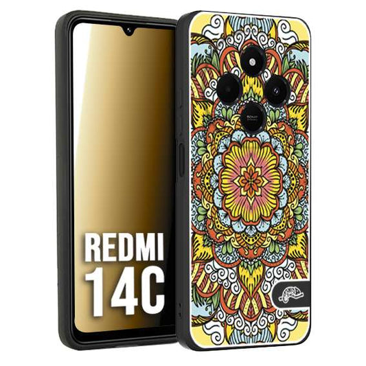 CUSTOMIZZA - Custodia cover nera morbida in tpu compatibile per Xiaomi Redmi 14C mandala colorato fiore nuvole arancione