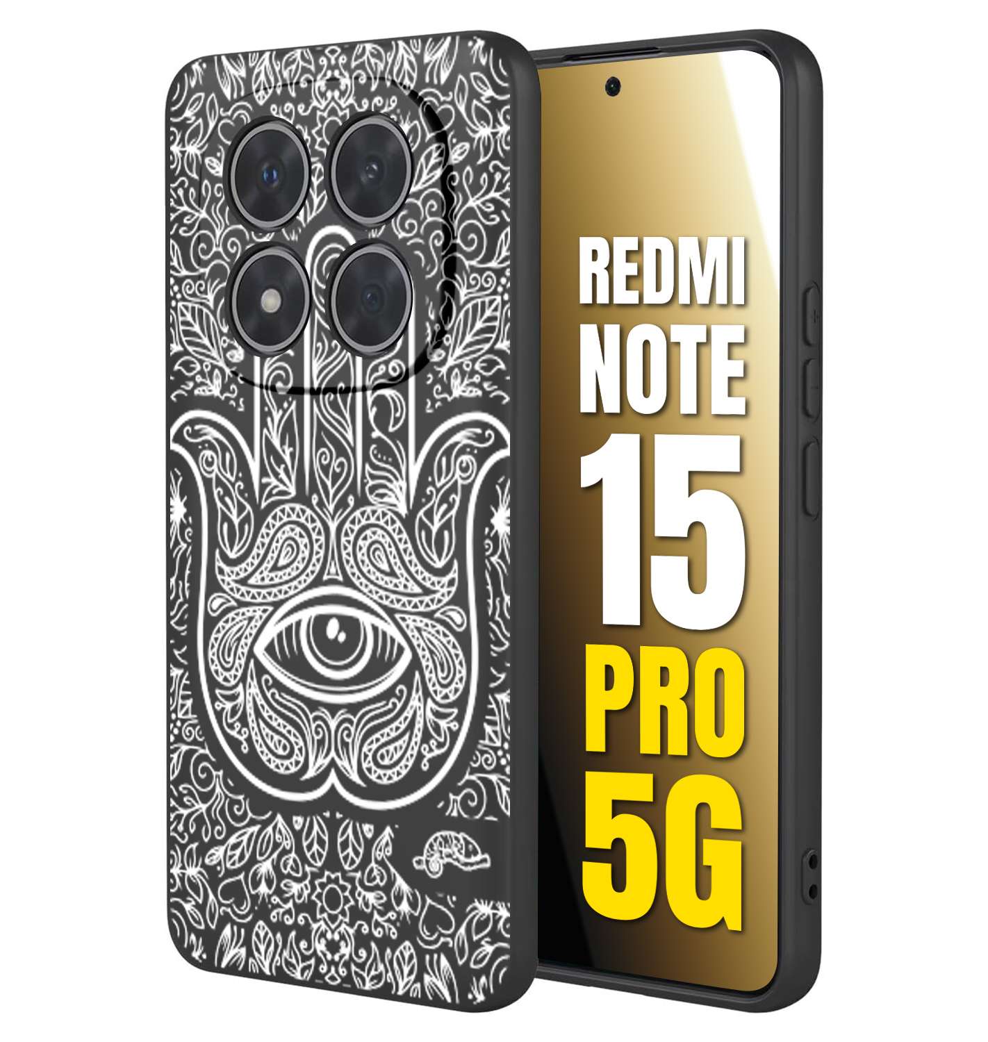 CUSTOMIZZA - Custodia cover nera morbida in tpu compatibile per Xiaomi Redmi Note 15 PRO 5G mano di fatima effetto rilievo mandala donna